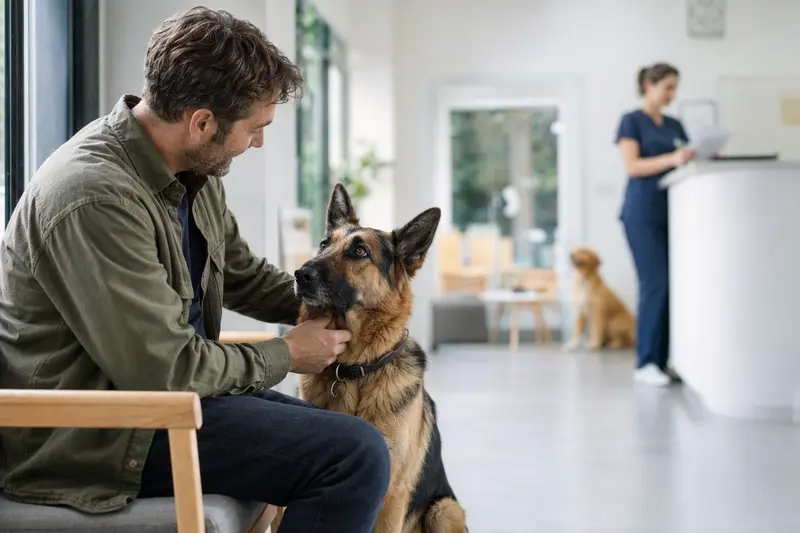 Ein Deutscher Schäferhund sitzt entspannt neben seinem Besitzer im modernen Wartezimmer einer Tierarztpraxis.